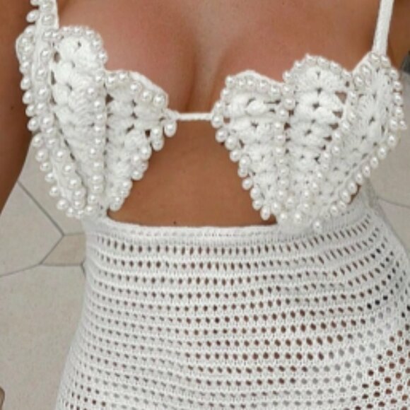 Women's Elegant Vacation Crochet pearl detailed Bra crochet  maxi Dress White - Picture 8 of 8